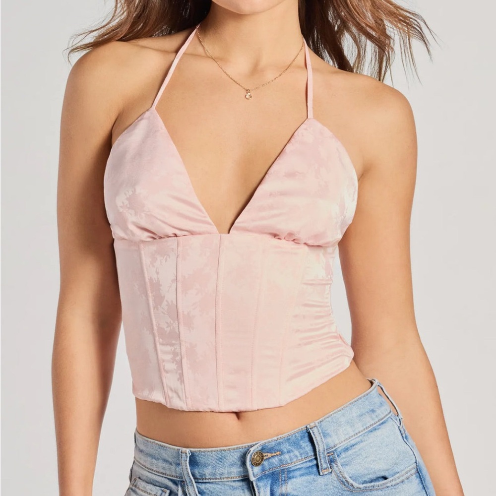 Halter Lace-Up Floral Satin Corset Top